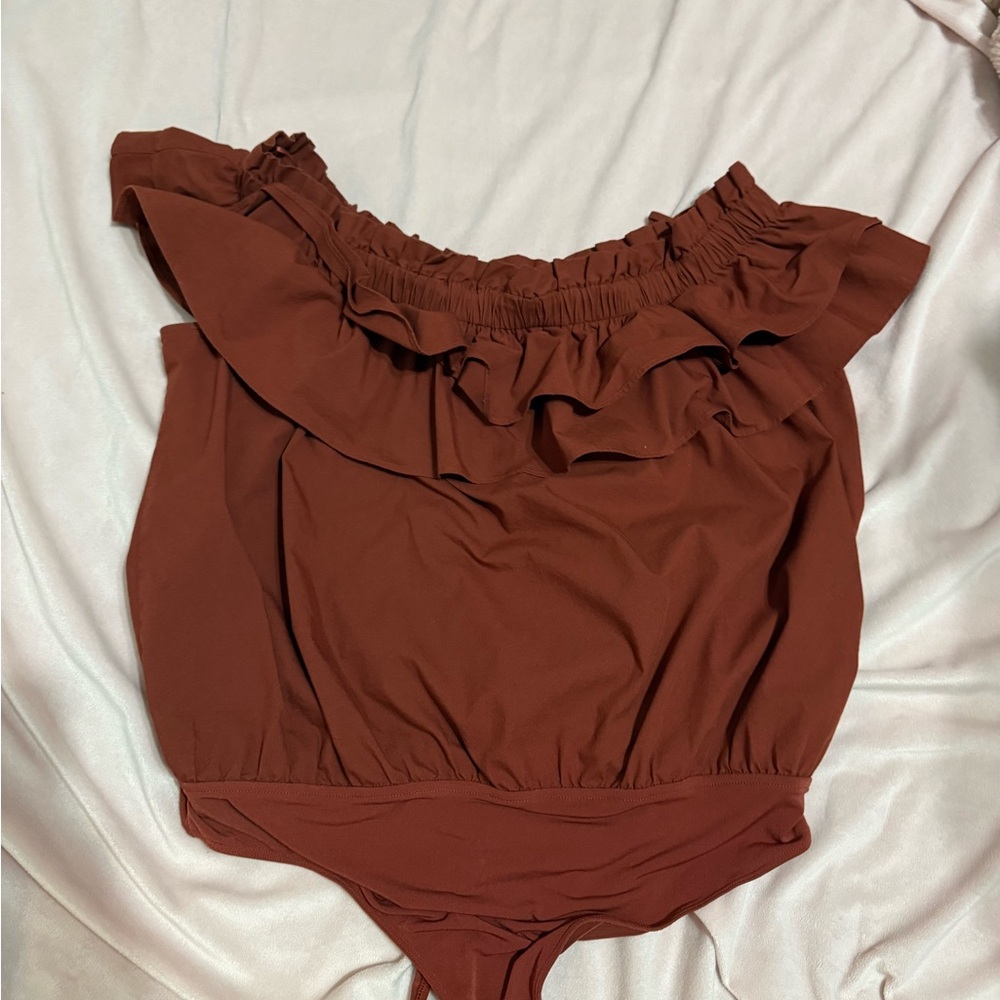 Express Rust Ruffle Off-Shoulder Bodysuit